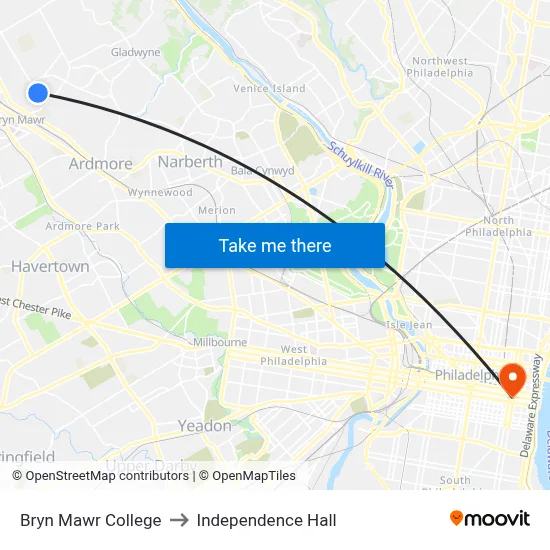 Bryn Mawr College to Independence Hall map