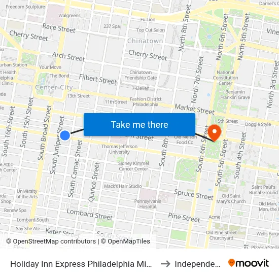 Holiday Inn Express Philadelphia Midtown an IHG Hotel to Independence Hall map