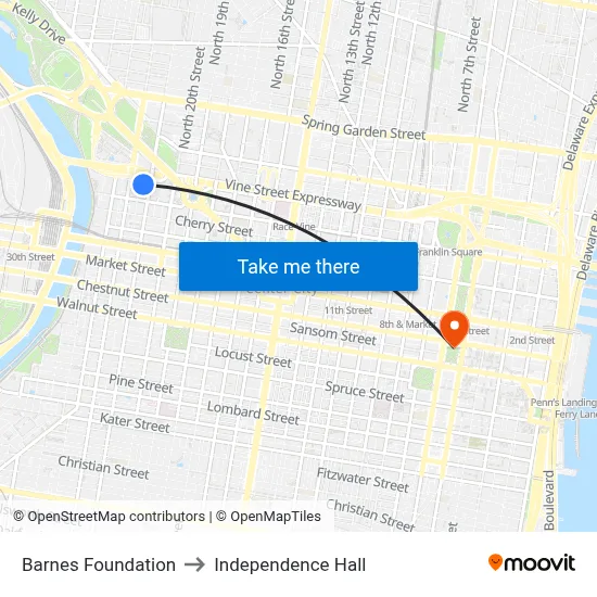 Barnes Foundation to Independence Hall map