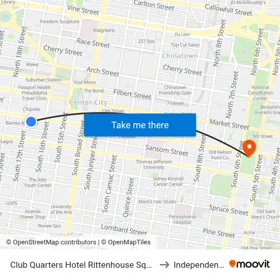 Club Quarters Hotel Rittenhouse Square Philadelphia to Independence Hall map