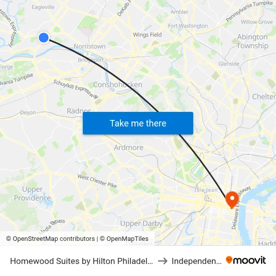 Homewood Suites by Hilton Philadelphia-Valley Forge to Independence Hall map