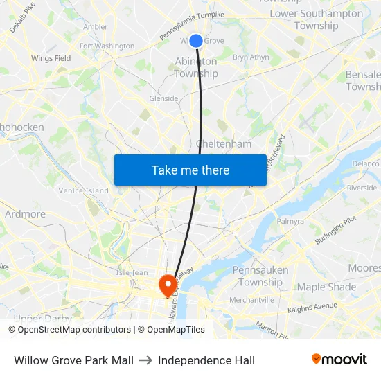 Willow Grove Park Mall to Independence Hall map