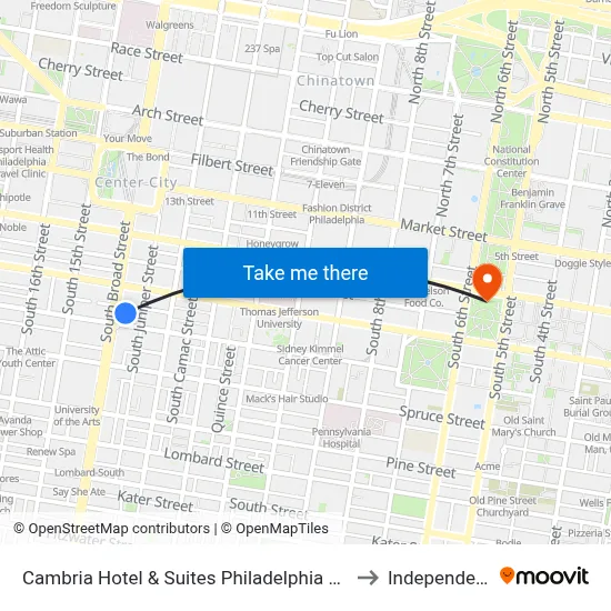 Cambria Hotel & Suites Philadelphia Downtown Center City to Independence Hall map