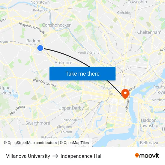 Villanova University to Independence Hall map