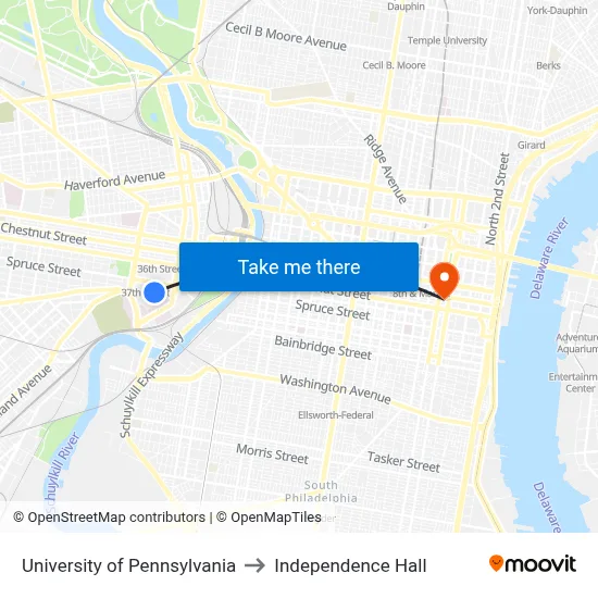 University of Pennsylvania to Independence Hall map