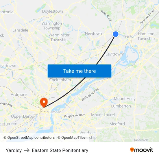 Yardley to Eastern State Penitentiary map