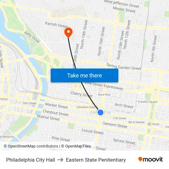 Philadelphia City Hall to Eastern State Penitentiary map