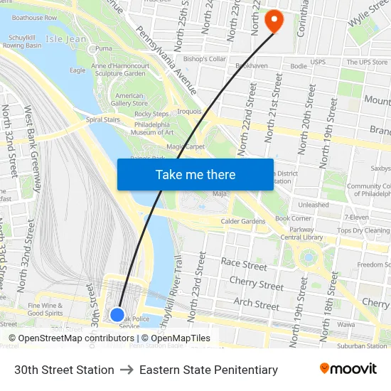 30th Street Station to Eastern State Penitentiary map