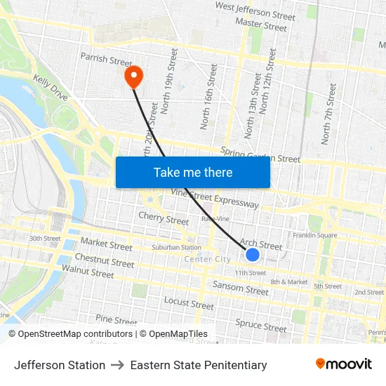 Jefferson Station to Eastern State Penitentiary map