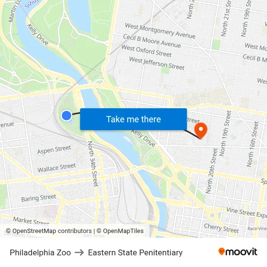 Philadelphia Zoo to Eastern State Penitentiary map