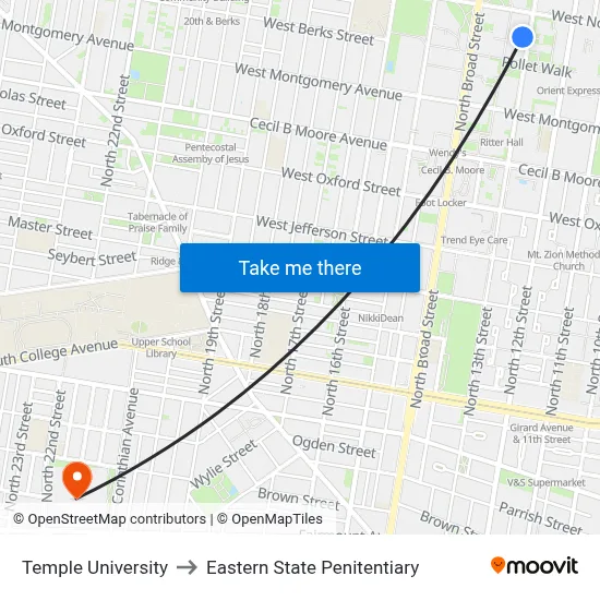 Temple University to Eastern State Penitentiary map