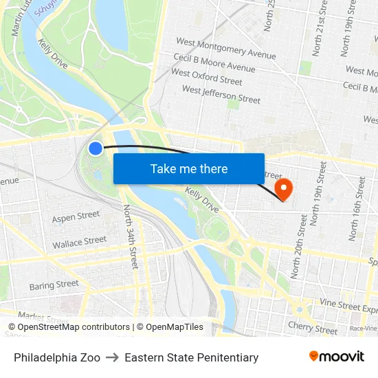 Philadelphia Zoo to Eastern State Penitentiary map