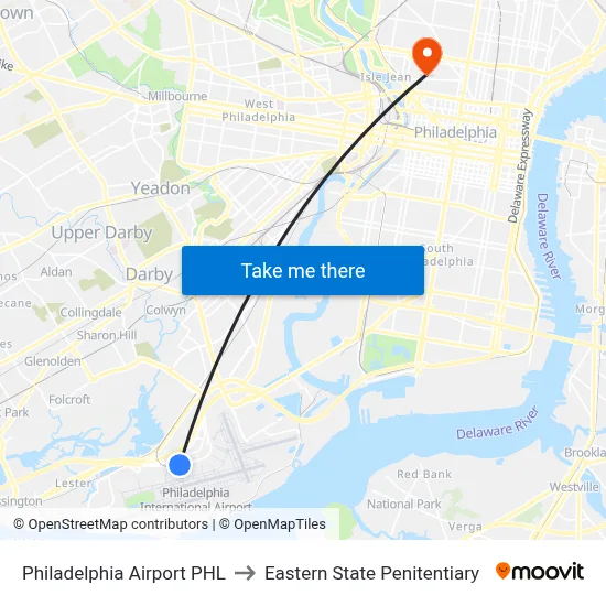 Philadelphia Airport PHL to Eastern State Penitentiary map