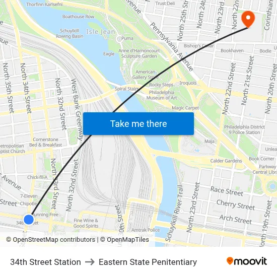 34th Street Station to Eastern State Penitentiary map