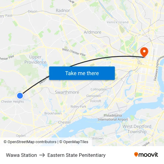 Wawa Station to Eastern State Penitentiary map