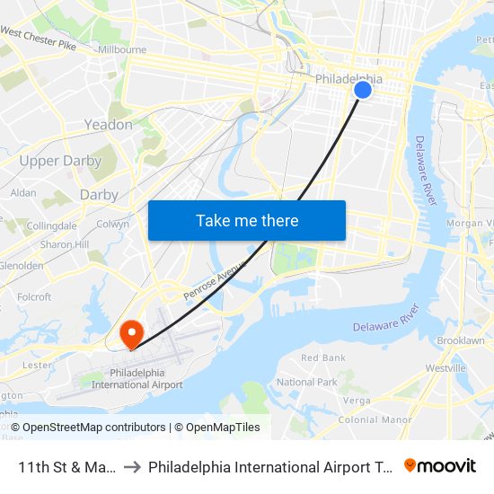 11th St & Market St to Philadelphia International Airport Terminal A West map