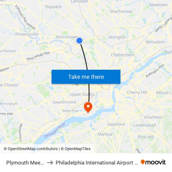 Plymouth Meeting Mall to Philadelphia International Airport Terminal A West map