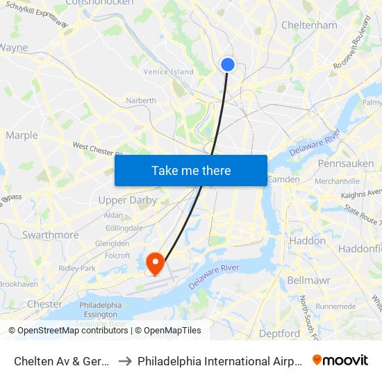 Chelten Av & Germantown Av to Philadelphia International Airport Terminal A West map