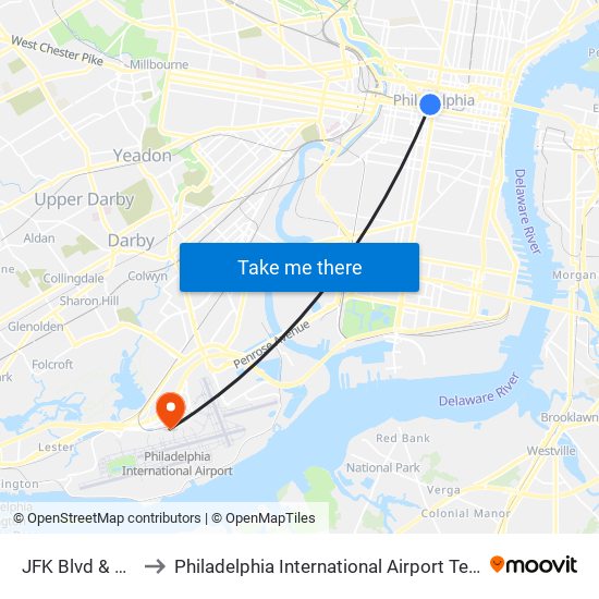 JFK Blvd & 15th St to Philadelphia International Airport Terminal A West map