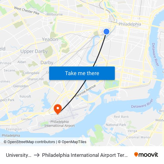 University City to Philadelphia International Airport Terminal A West map