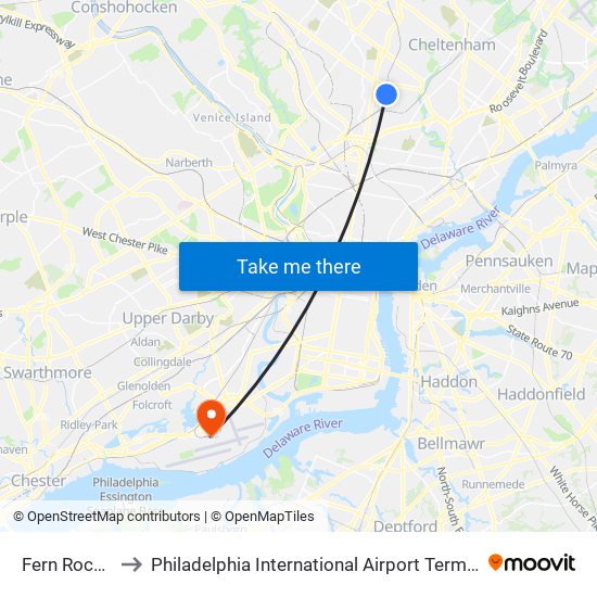 Fern Rock T C to Philadelphia International Airport Terminal A West map