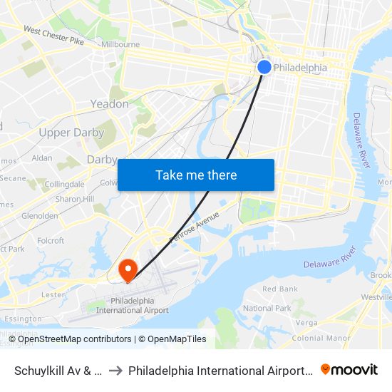 Schuylkill Av & JFK Blvd to Philadelphia International Airport Terminal A West map