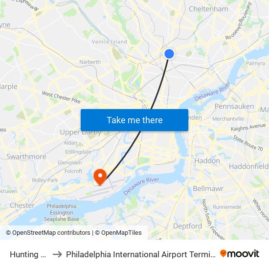 Hunting Park to Philadelphia International Airport Terminal A West map