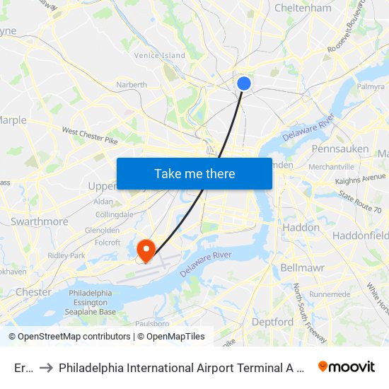 Erie to Philadelphia International Airport Terminal A West map