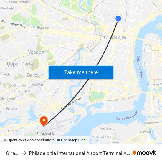 Girard to Philadelphia International Airport Terminal A West map