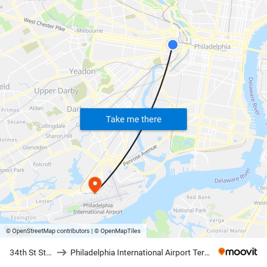 34th St Station to Philadelphia International Airport Terminal A West map