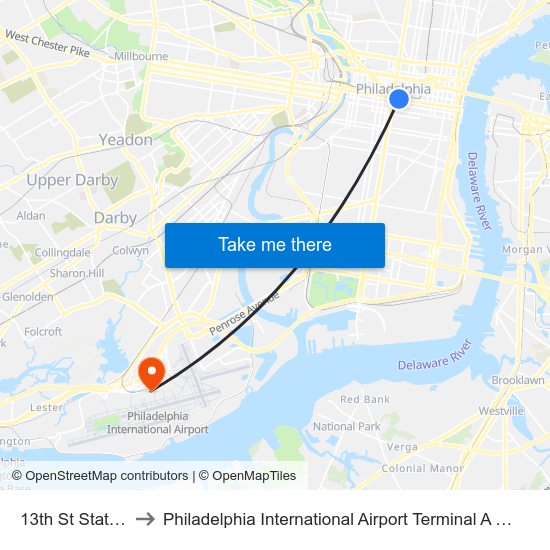 13th St Station to Philadelphia International Airport Terminal A West map