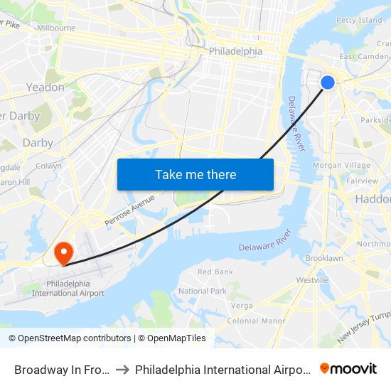 Broadway In Front Of Wrtc to Philadelphia International Airport Terminal A West map