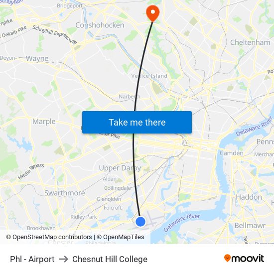 Phl - Airport to Chesnut Hill College map