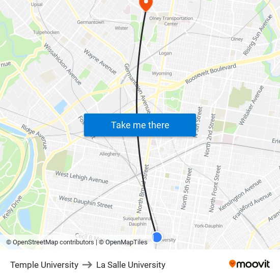 Temple University to La Salle University map