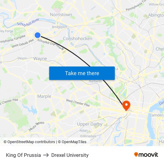 King Of Prussia to Drexel University map
