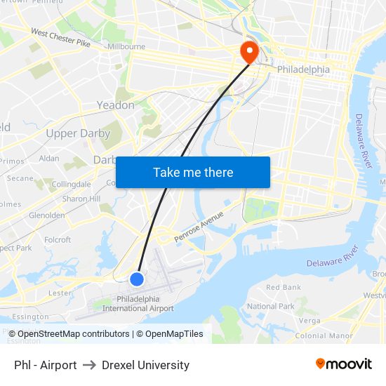Phl - Airport to Drexel University map