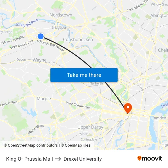 King Of Prussia Mall to Drexel University map