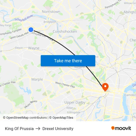 King Of Prussia to Drexel University map