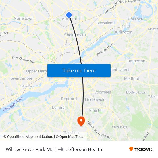 Willow Grove Park Mall to Jefferson Health map