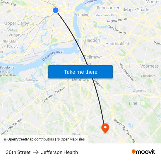 30th Street to Jefferson Health map