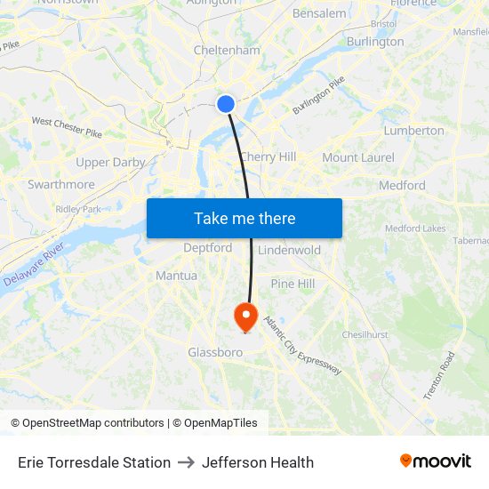 Erie Torresdale Station to Jefferson Health map