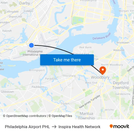 Philadelphia Airport PHL to Inspira Health Network map