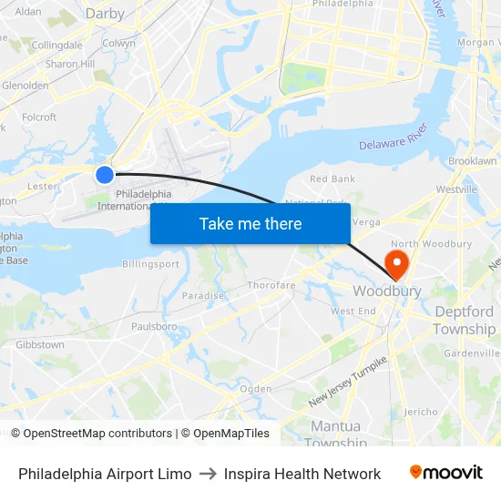 Philadelphia Airport Limo to Inspira Health Network map