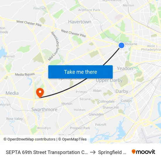 SEPTA 69th Street Transportation Center to Springfield Mall map