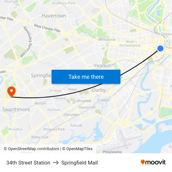 34th Street Station to Springfield Mall map