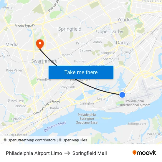 Philadelphia Airport Limo to Springfield Mall map