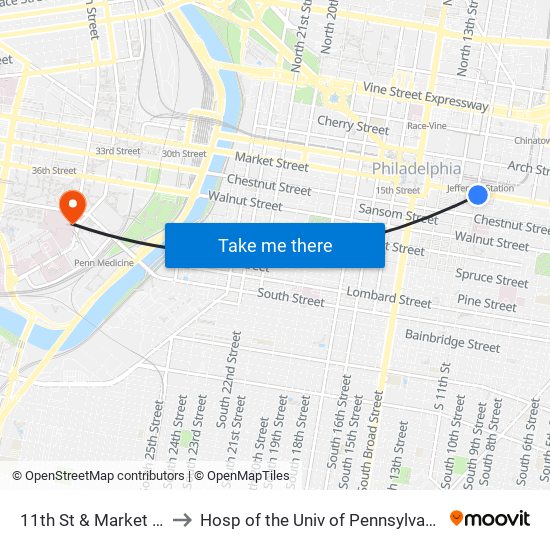 11th St & Market St to Hosp of the Univ of Pennsylvania map