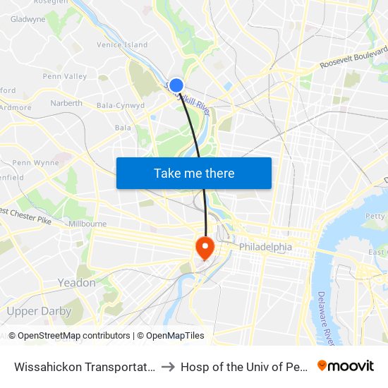 Wissahickon Transit Center to Hosp of the Univ of Pennsylvania map