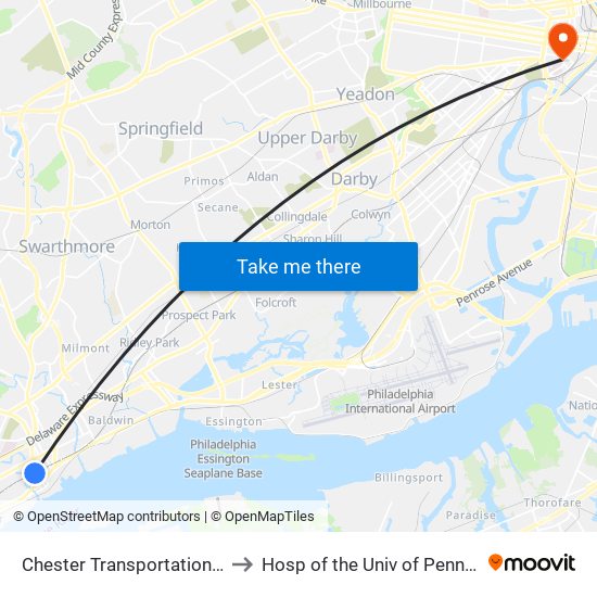 Chester Transportation Center to Hosp of the Univ of Pennsylvania map