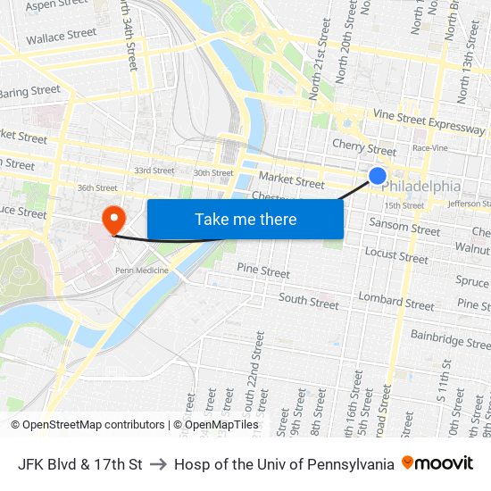 JFK Blvd & 17th St to Hosp of the Univ of Pennsylvania map